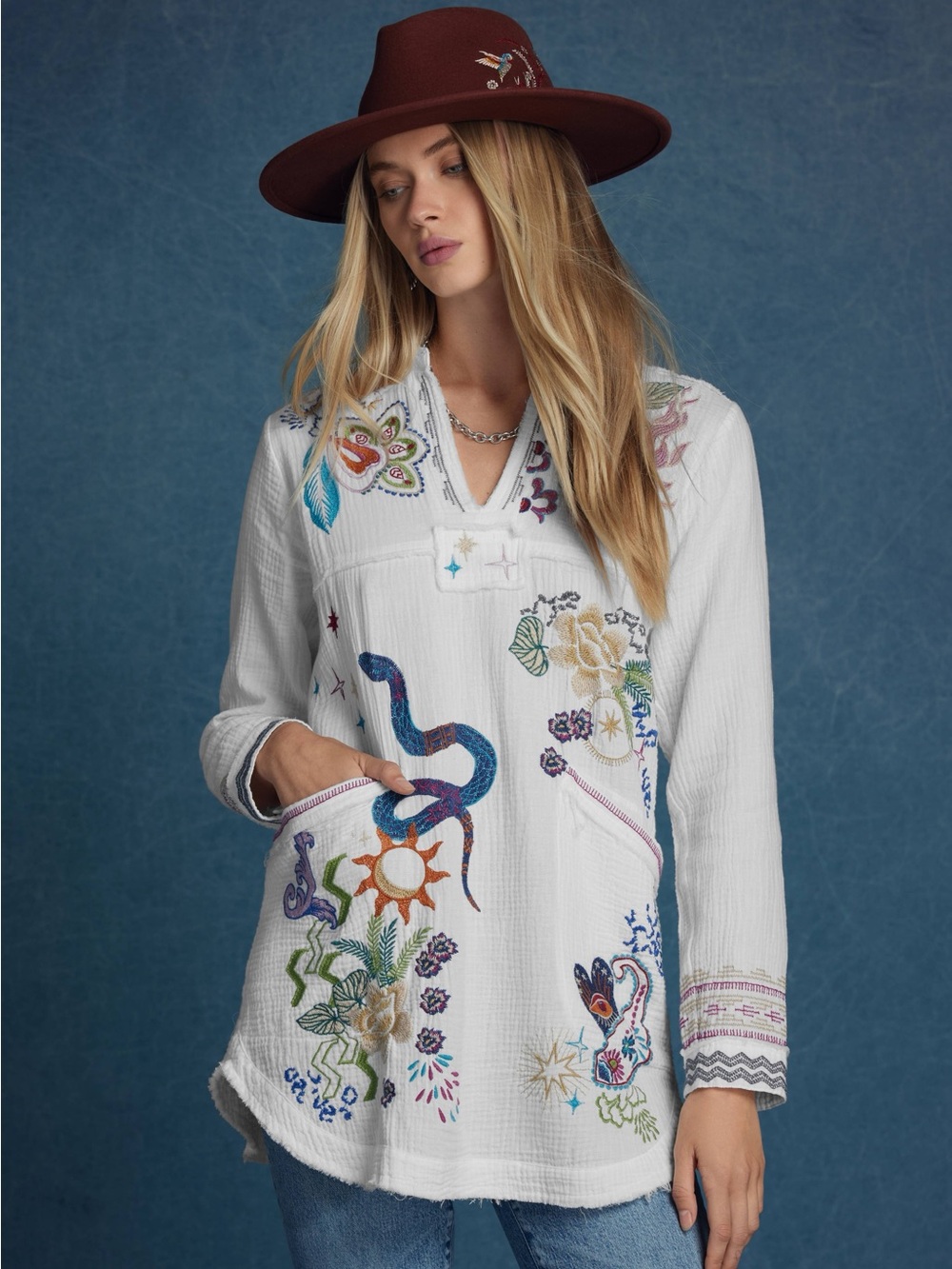 Johnny Was LEYVA Tunic Embroidered Gauze Tunic - Cream with Multicolor Motifs